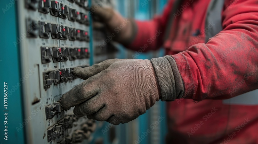 Poster skilled worker in protective uniform inspecting and monitoring the industrial control panel with var