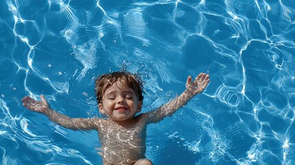 Child playing joyfully in a sunny pool, surrounded by blue water, radiating warmth and excitement, capturing the essence of summer fun