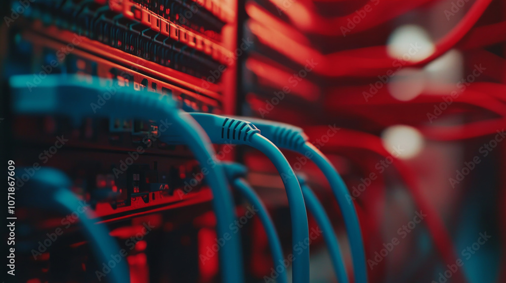 Poster red and blue network cables plugged into a switch in a data center.