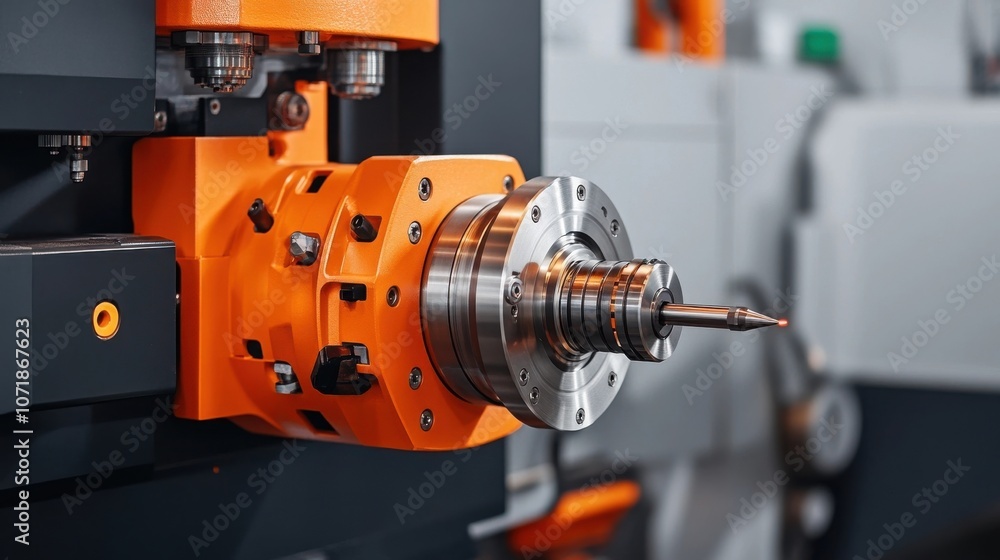 Poster close up view of an industrial metalworking machine with rotating drill bit and control panel in a m