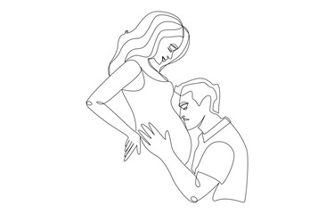 Continuous one line drawing of husband kissing belly of pregnant wife, new parents concept, single line art.