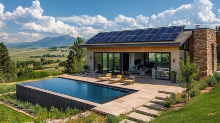 Fototapeta premium Modern eco-friendly home with solar panels and pool overlooking scenic mountains on a sunny day