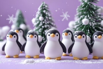 Obraz premium Penguin figurines in various poses with Christmas tree on purple background, minimalistic style, soft pastel colors, cute and happy mood, flat lay composition.
