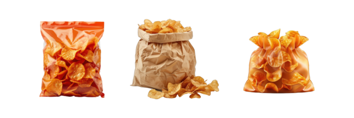 Collection of Snacks, Potatoes chips with packets set isolated on transparent background cutout png Generative AI