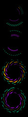 A series of neon pink, green, and blue dots in spirals on a black background. Each spiral is made up of glowing dots of different sizes and colors, 4 small, colorful neon spirals on black.