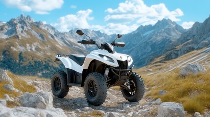 Exploring rugged mountain trails on a white off-road quad bike under bright daylight