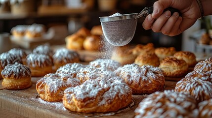 Baker dusting powdered sugar on pastries.