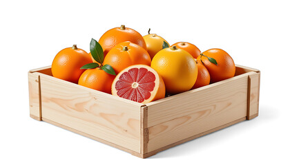Oranges in a wooden box on a white insulated background