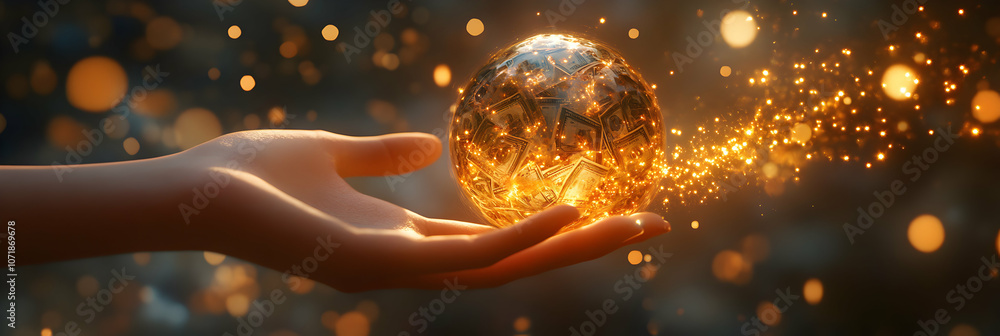 Poster a hand holds a glowing sphere filled with money, sparkles emanate from the sphere, creating a magica