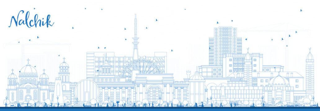 Outline Nalchik Russia city skyline with blue buildings. Nalchik cityscape with landmarks. Business travel and tourism concept with modern and historic architecture.