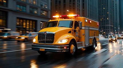 Obraz premium Bright yellow fire truck races through city streets, showcasing vibrant colors and emergency response in action under daytime skies