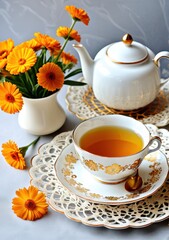 Fototapeta premium Calendula tea in an elegant porcelain cup with golden accents, dried petals, and a teapot creating a classic mood