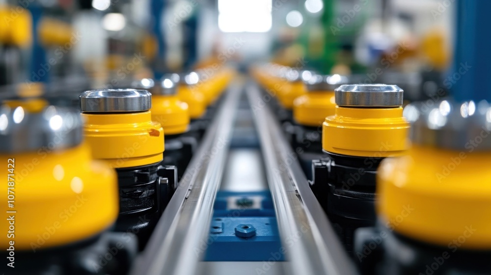 Poster automated factory conveyor belt with yellow machines working together in an efficient industrial pro