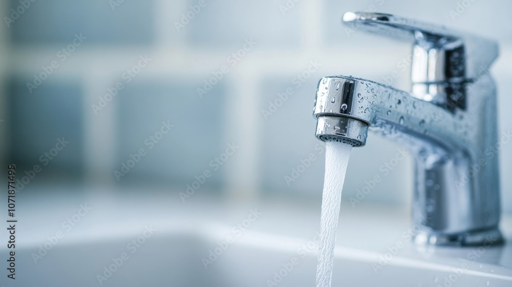 Poster close up of a modern shiny chrome faucet dripping clear water into a sink the faucet has a sleek min