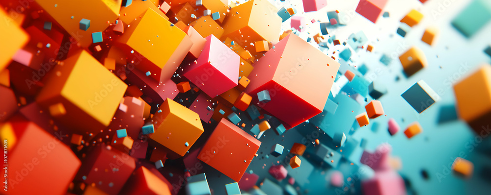 Poster abstract 3d rendering of colorful cubes floating in a light blue background