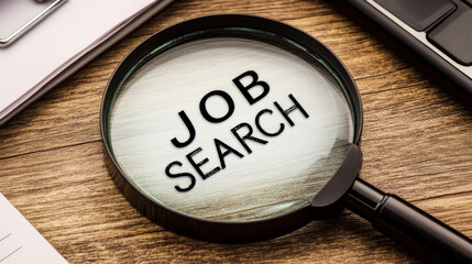The words "JOB SEARCH" are written on a white background, magnified by a magnifying glass. It represents the process of looking for a new job.