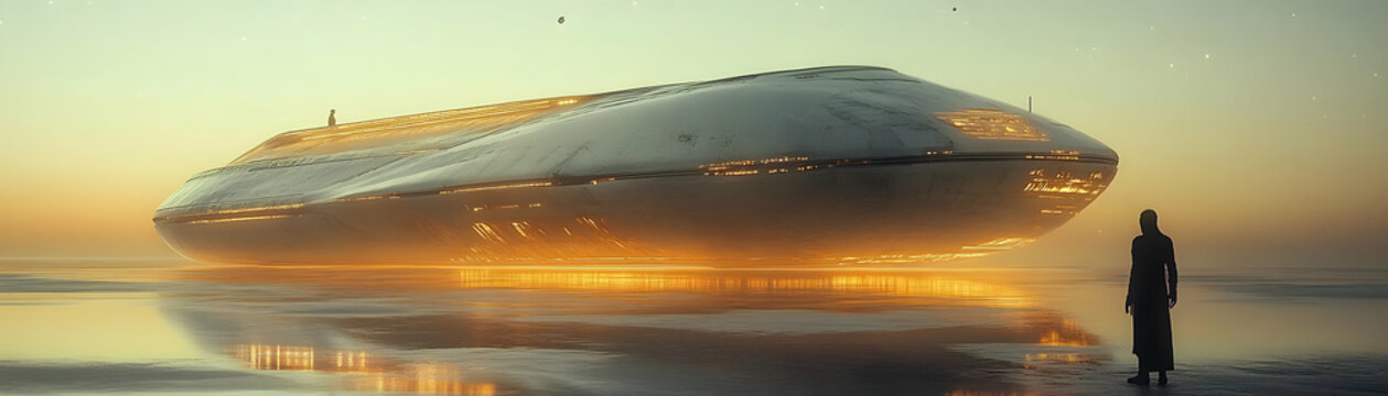A Futuristic Spaceship Descends on a Calm, Still Watery Landscape, Casting a Glowing Reflection, with a Figure Standing in the Foreground, Looking Up in Awe.