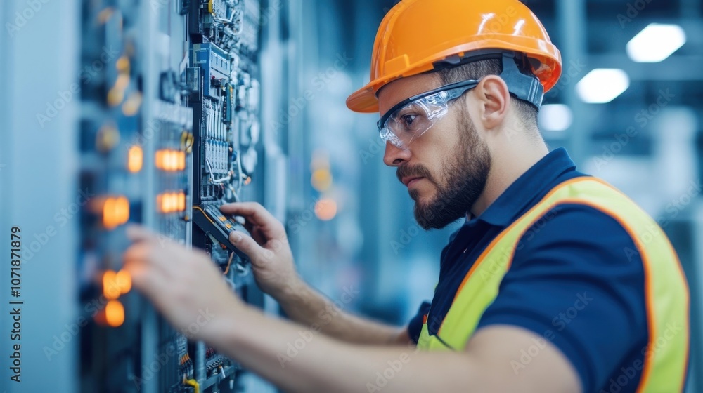 Poster professional industrial technician or engineer in uniform and hardhat examining and inspecting the e