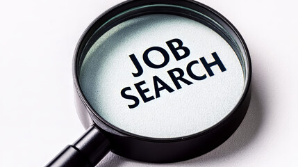 The words "JOB SEARCH" are written on a white background, magnified by a magnifying glass. It represents the process of looking for a new job.