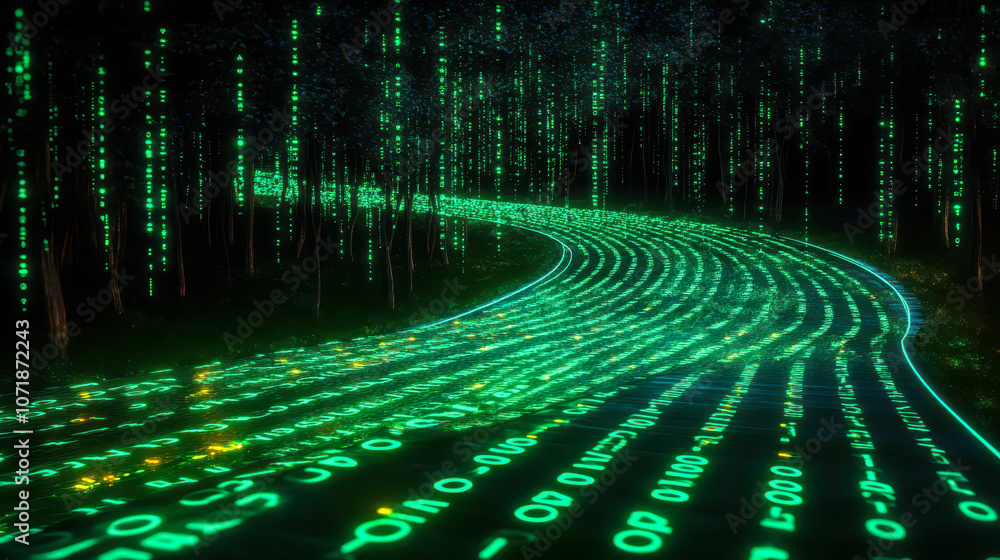 Poster futuristic digital road with illuminated binary code matrix on black background