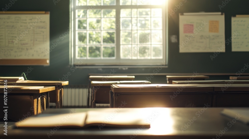 Aufkleber a sunlit classroom with empty desks and open books, creating a tranquil learning environment.