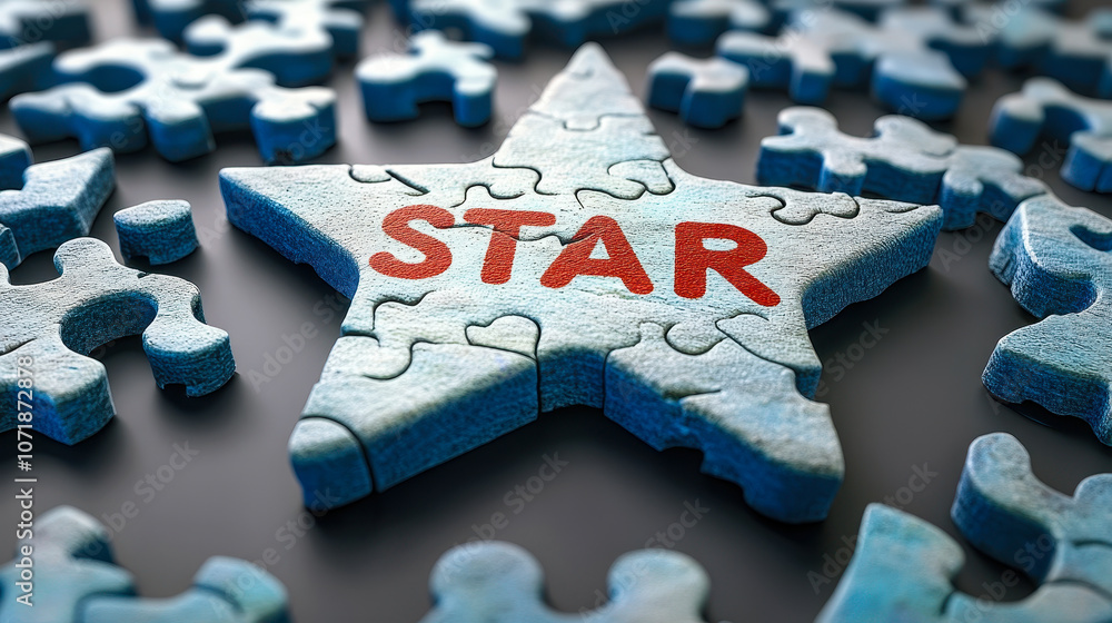 Poster 3d illustration of star interview method with puzzle pieces highlighting situation task action resul