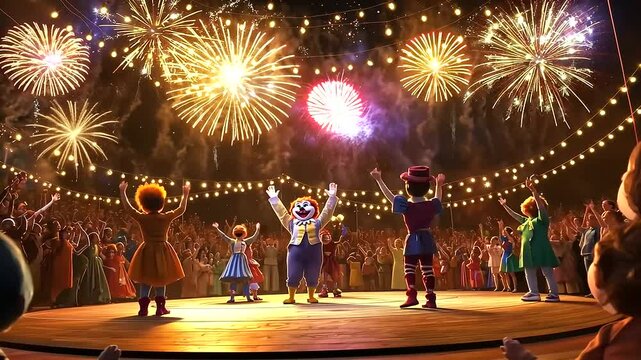 Diverse Clowns and Comedians Performing on Stage with Fireworks