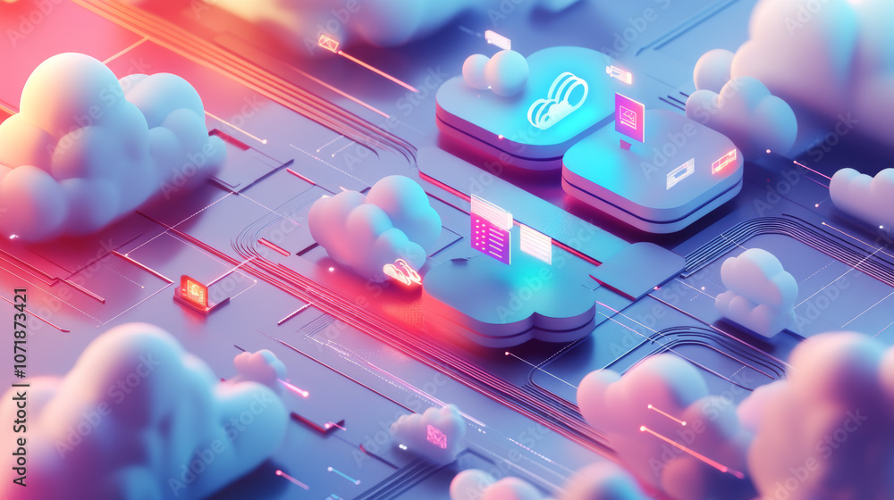 Poster this illustration shows different types of cloud symbols, including flat (2d) and 3d clouds. it repr
