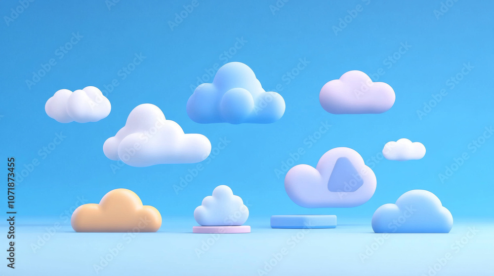 Poster this illustration shows different types of cloud symbols, including flat (2d) and 3d clouds. it repr