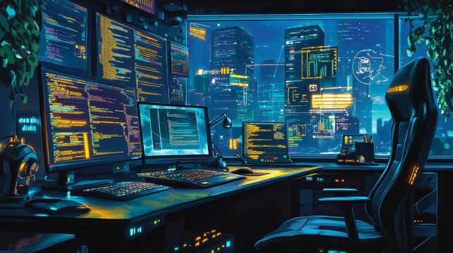 This illustration shows the world of computer programming, where people create software and games. It includes coding symbols, popular languages like Java and HTML, and windows where programmers work.