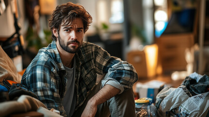 Fototapeta premium Portrait of tired young handsome man after cleaning at home