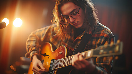 Obraz premium A Young Man with Long Hair and Glasses Plays a Guitar in a Dark Room Lit with Warm Lights
