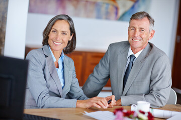 Happy, meeting and portrait of business people in office for stakeholder investment agreement. Smile, discussion and finance planner with CEO client for company revenue development with capital gain.