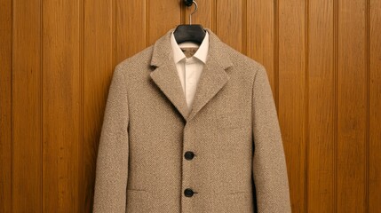 A beige wool coat with a white collared shirt underneath is hanging on a black hanger on a wooden closet door.