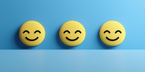 Three cheerful smiley faces on a blue background representing happiness and positivity.