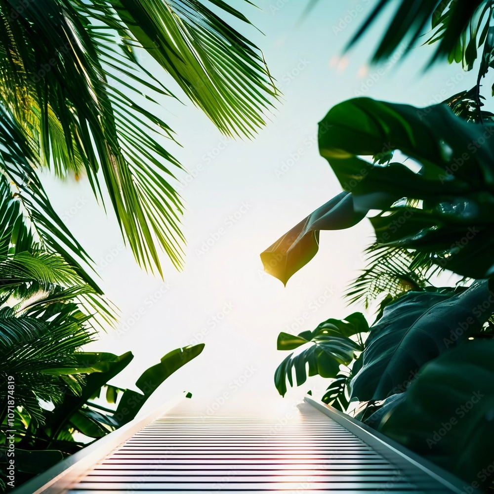 Poster view of various tropical plants with striking green leaves, set against a backdrop with copy space, 