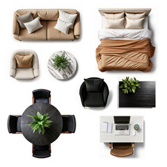 Furniture top view Interior design elements isolated on white background. Collection include armchairs, sofa, bed, a table with a potted plant, a round dining table and a home office desk.