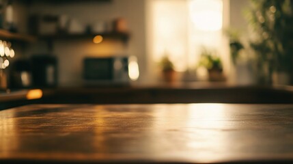 Fototapeta premium A warm kitchen scene with sunlight illuminating a wooden table and plants in the background.