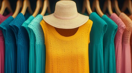 A straw hat hangs on a rack with colorful clothing.