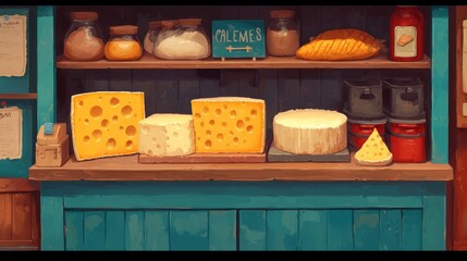 A variety of cheeses are displayed on a wooden counter in a small shop. The cheeses are arranged in a row from left to right, with a piece of cheese on the lower shelf.