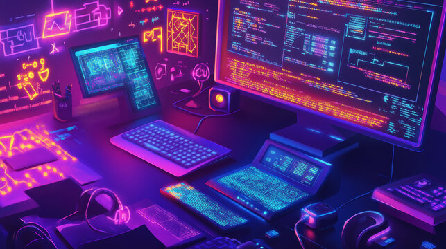 This image shows the idea of creating software or games using computer programming. It uses 3D symbols and windows that represent code. It's about the world of technology and computer science.