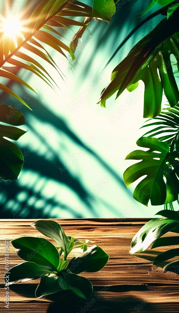 Poster view of various tropical plants with striking green leaves, set against a backdrop with copy space, 