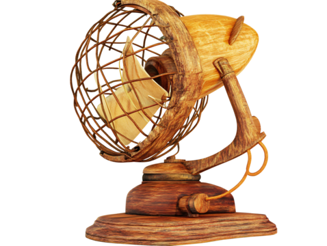 a wood fan with a wire mesh around it