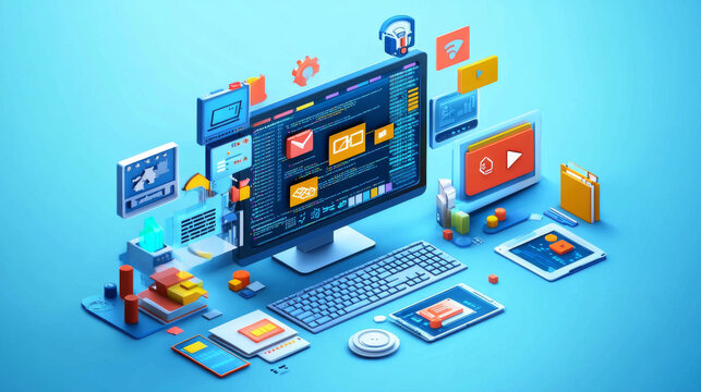 This image shows the idea of creating software or games using computer programming. It uses 3D symbols and windows that represent code. It's about the world of technology and computer science.