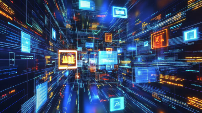 This image shows the idea of creating software or games using computer programming. It uses 3D symbols and windows that represent code. It's about the world of technology and computer science.