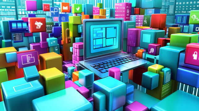 This image shows the idea of creating software or games using computer programming. It uses 3D symbols and windows that represent code. It's about the world of technology and computer science.