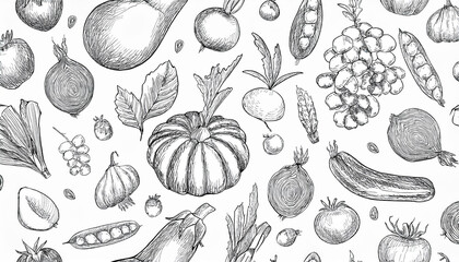 This vintage-inspired vector illustration features a variety of hand-drawn fruits and vegetables, perfect for projects related to food, farming, and healthy lifestyles.