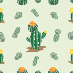 Cactus Pattern with Blooming Flowers showcases various green cactus plants adorned with vibrant yellow and orange blooms. Ideal for use in textiles, wallpapers, or as decorative graphics.