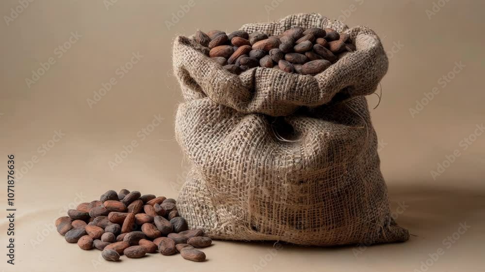 Poster full burlap sack overflowing with cocoa beans sits on a simple background, perfect for representing 