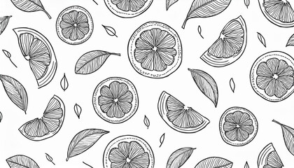 Hand drawn vector monochrome seamless pattern with etching lemon or lime, tree branch in engraved style. Vector black and white repeat backdrop